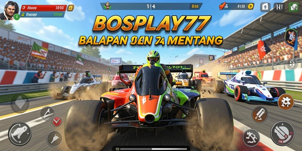 Screenshot gameplay BOSPLAY77 menampilkan balapan yang intens dan dramatis.