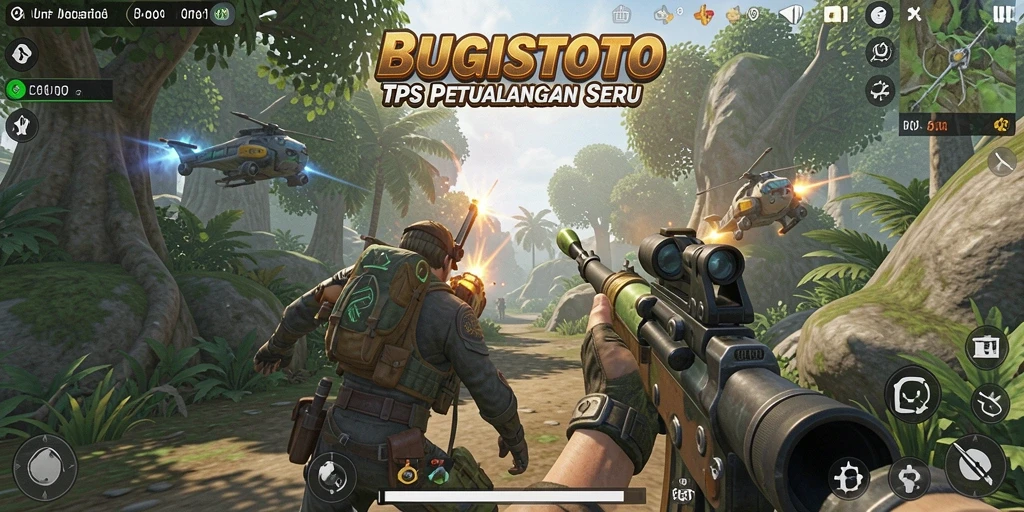 Screenshot gameplay BUGISTOTO menampilkan aksi tembak-menembak yang intens.