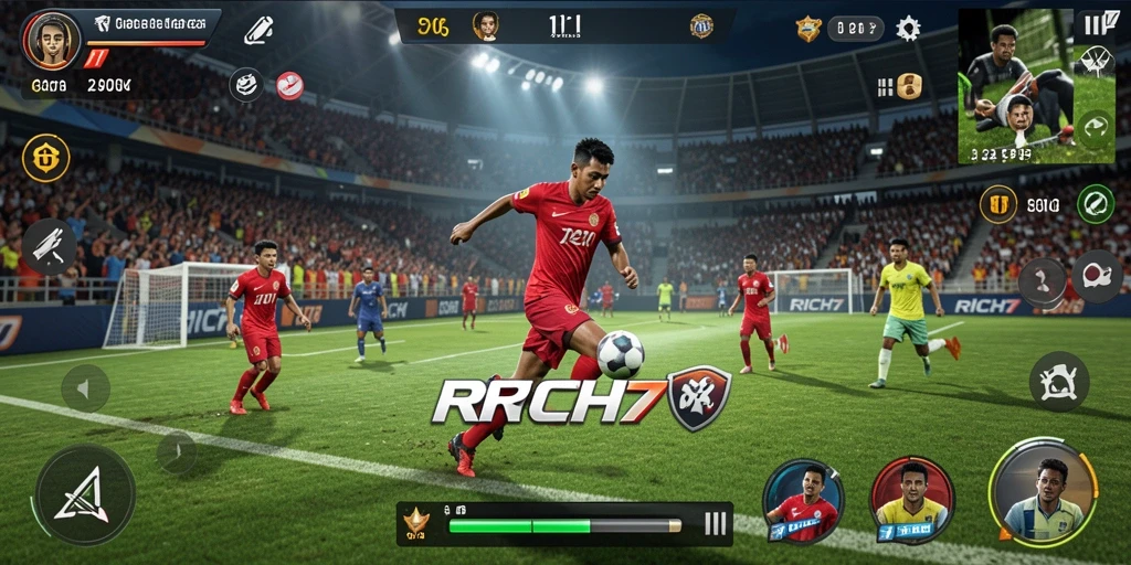 Screenshot utama RICH7 menampilkan aksi mendebarkan dalam permainan olahraga.