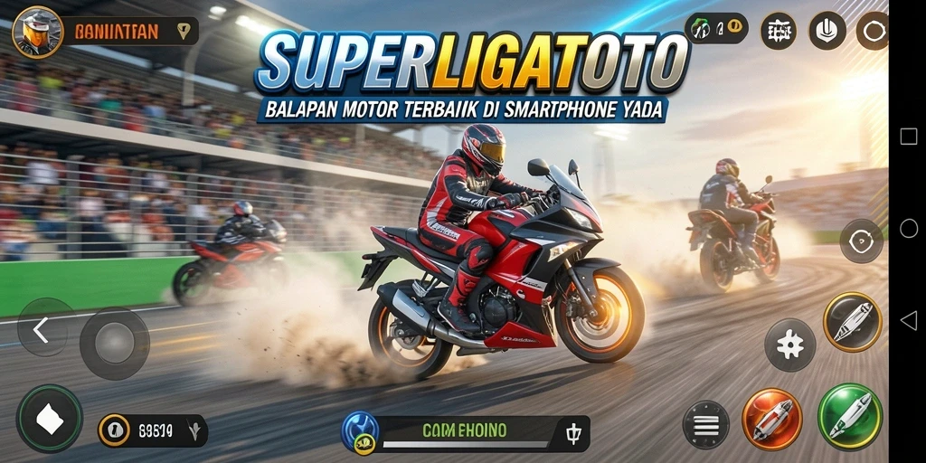 Screenshot gameplay SUPERLIGATOTO dengan aksi balapan mendebarkan.