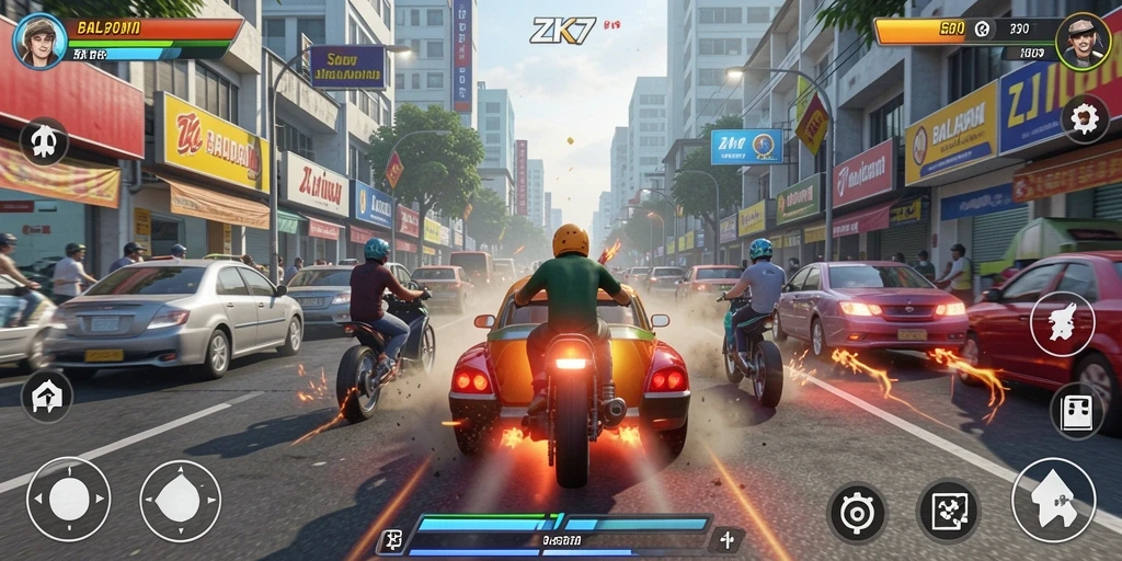 Screenshot gameplay ZK7 yang menampilkan balapan penuh aksi.